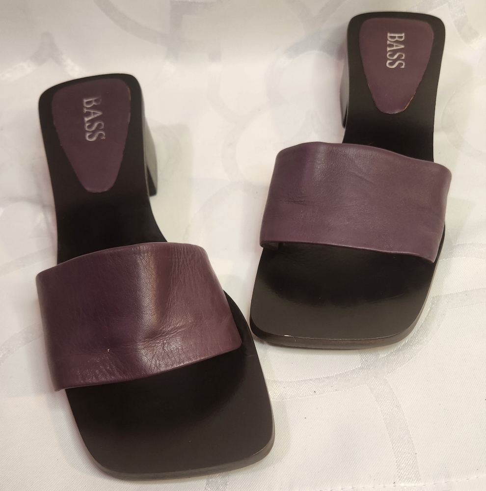 Bass Y2K Women's Purple Mules Square Toe 2" Block Heel Leather Upper Size 7